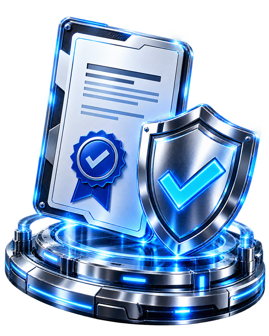 Certificación profesional representada por un documento metálico y un escudo de verificación